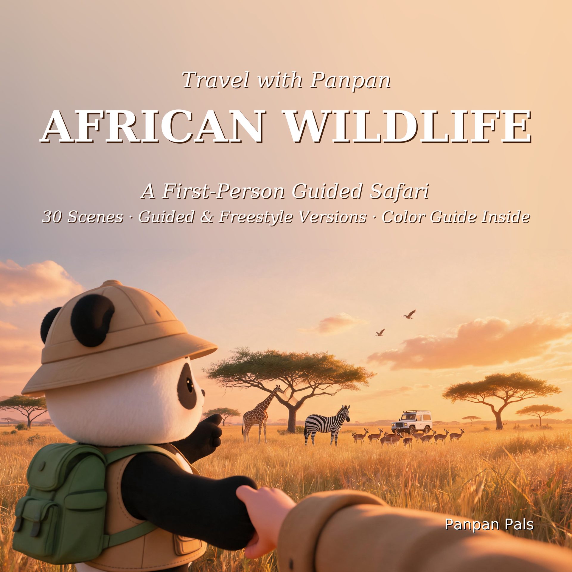 Travel with Panpan African Wildlife coloring book cover — a panda holding a child's hand on safari